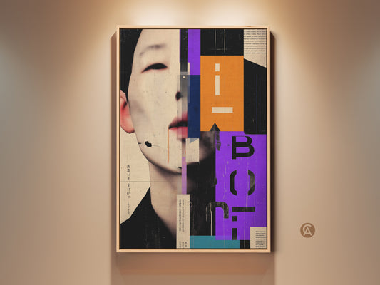Geometric collage canvas print featuring an abstract face portrait. This modern artwork combines orange purple and beige hues. Ideal for enhancing office decor or adding avant-garde style to your home. A unique wall hanging that serves as a captivating piece of contemporary art for any room.