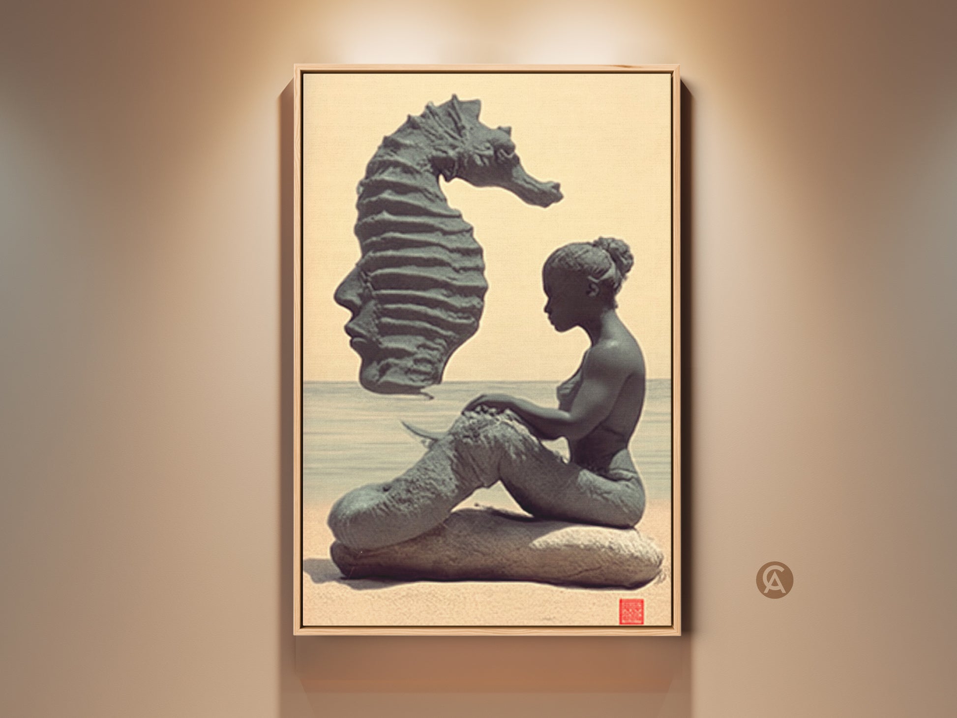 Fantasy art print on display. This surreal artwork shows a mermaid sitting on a beige beach. A seahorse profile floats overhead. Teal accents enhance this eclectic bedroom wall decor. Add unique ocean art to your home.