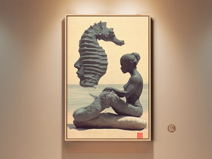 Fantasy art print on display. This surreal artwork shows a mermaid sitting on a beige beach. A seahorse profile floats overhead. Teal accents enhance this eclectic bedroom wall decor. Add unique ocean art to your home.