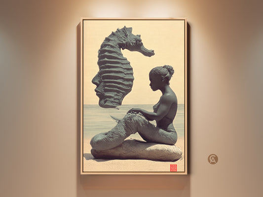 Fantasy art print on display. This surreal artwork shows a mermaid sitting on a beige beach. A seahorse profile floats overhead. Teal accents enhance this eclectic bedroom wall decor. Add unique ocean art to your home.