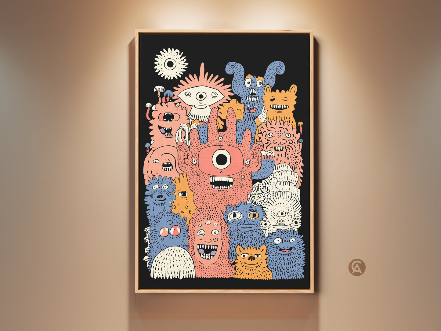 Framed kids wall art print featuring monster characters. This artwork has coral orange and blue accents. It is an eclectic kids room decor piece. This canvas art makes a unique birthday gift. The cartoon doodles add a playful touch.