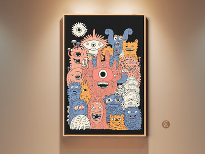 Framed kids wall art print featuring monster characters. This artwork has coral orange and blue accents. It is an eclectic kids room decor piece. This canvas art makes a unique birthday gift. The cartoon doodles add a playful touch.