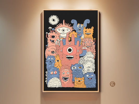 Framed kids wall art print featuring monster characters. This artwork has coral orange and blue accents. It is an eclectic kids room decor piece. This canvas art makes a unique birthday gift. The cartoon doodles add a playful touch.