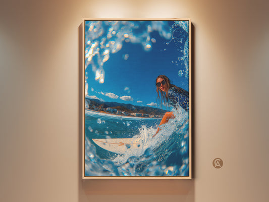 A surfer girl carves through a wave in this vibrant artwork. The blue ocean sparkles under a clear sky. It's framed in a natural wood finish. This piece brings coastal energy to any room. Perfect for surf art enthusiasts looking to add a splash of adventure to their decor.