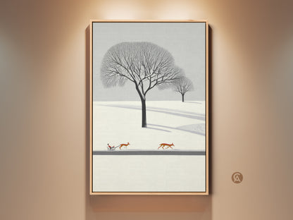 Minimalist winter landscape wall art features deer pulling a sleigh. The Scandinavian nature artwork shows a cozy bedroom wall decor. A Christmas gift for nature lovers. The winter scene art print is flat. The snow landscape canvas is Nordic style home decor. The animal pulling sleigh art is serene nature wall art.