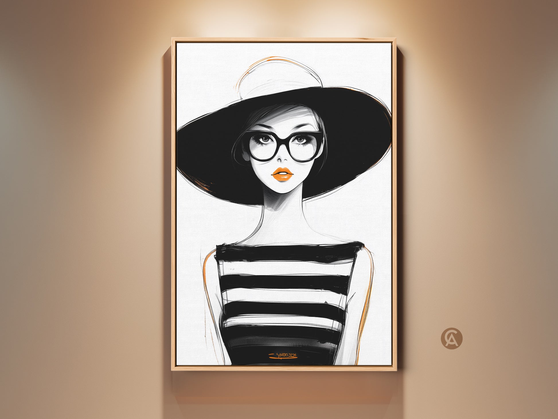 Modern woman art print. A striking fashion portrait with a hat and glasses. This black white and orange minimalist wall art brings chic contemporary style to any room. Perfect for vogue style decor.