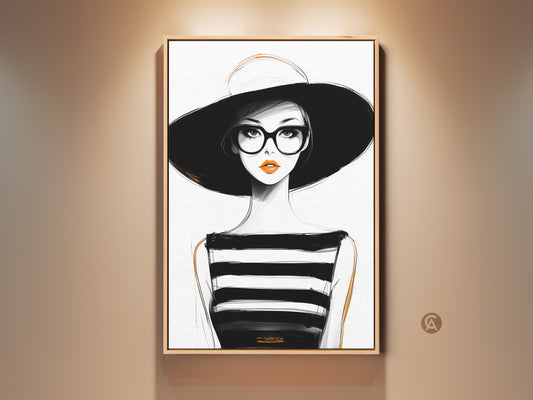 Modern woman art print. A striking fashion portrait with a hat and glasses. This black white and orange minimalist wall art brings chic contemporary style to any room. Perfect for vogue style decor.