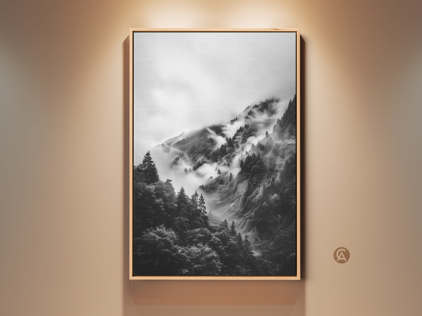 Framed foggy mountain forest canvas print. It's a monochrome landscape wall art piece. The black and white nature scene adds modern home accent. Perfect housewarming gift art.