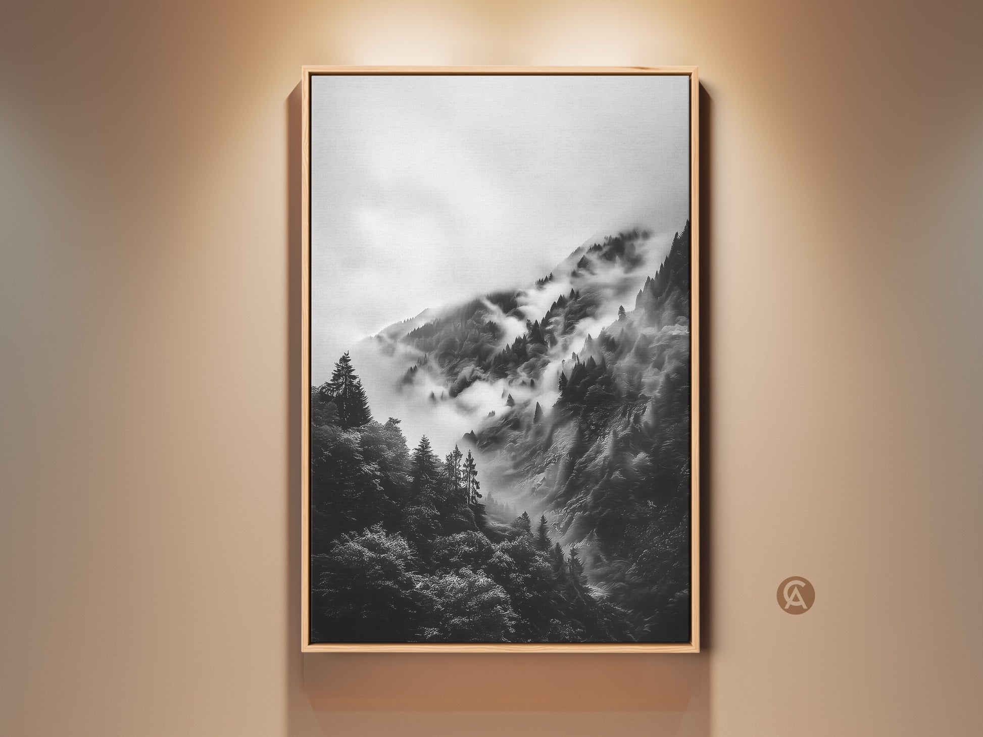Framed foggy mountain forest canvas print. It's a monochrome landscape wall art piece. The black and white nature scene adds modern home accent. Perfect housewarming gift art.