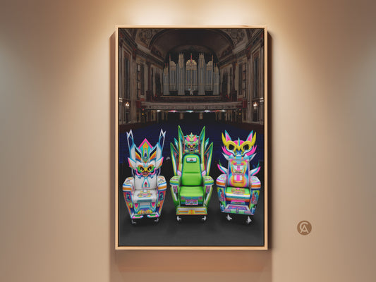 Cyberpunk pop surrealism wall art featuring neon pink and electric blue fantasy chairs. Eclectic entertainment room decor in a theatrical setting. Vibrant home theater art brings an artistic touch to any living room. A unique pop culture decor piece serves as a conversation starter.