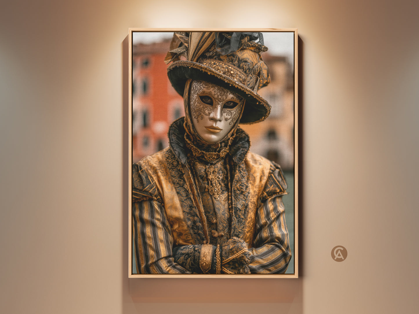 Framed Venice Carnival Mask artwork. The artwork features a person wearing a traditional gold mask and costume. It adds an elegant touch to any room. A great conversation starter and a beautiful piece of art.
