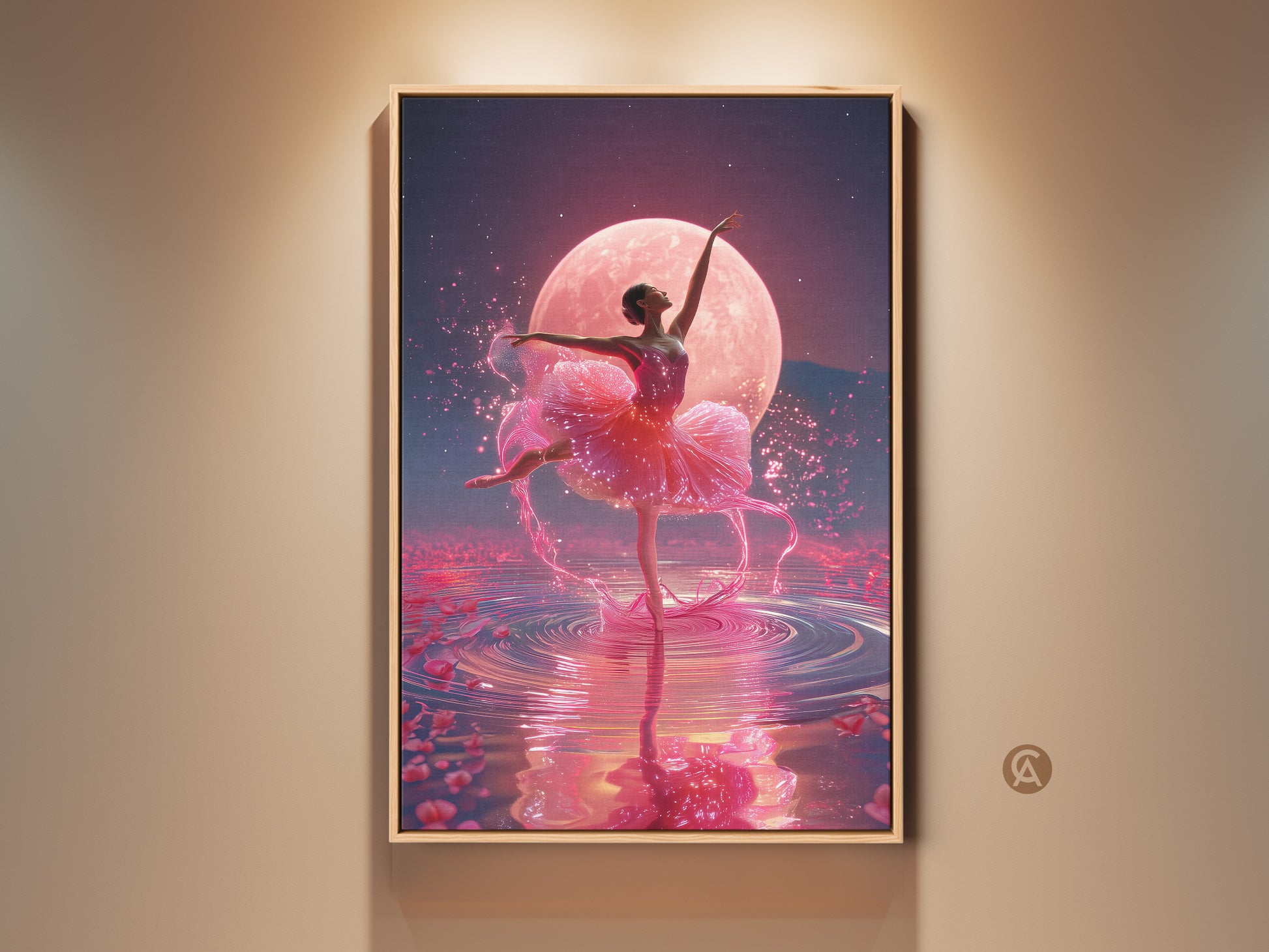 Ballerina en pointe under a pink moon. This surreal art print features a ballet dancer with fuchsia and magenta hues. Rose petals float on water creating ripples. A perfect gift for dancers ideal for bedroom decor.