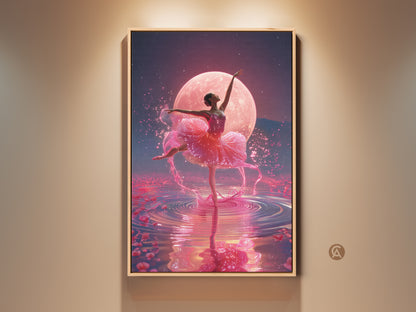 Ballerina en pointe under a pink moon. This surreal art print features a ballet dancer with fuchsia and magenta hues. Rose petals float on water creating ripples. A perfect gift for dancers ideal for bedroom decor.