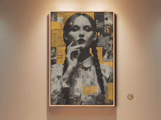 Vintage woman portrait collage art framed. This black and yellow abstract print features a woman with braids. Eclectic home decor perfect for retro wall art gift. Newspaper style art adds a unique touch.