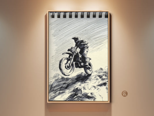 This Art Print captures the action of a Motocross Rider. The dynamic Sketch Art style is rendered in a Black and White palette with Ink Drawing details. A perfect energetic feel for any space. This is great garage decor for action sports enthusiasts and makes a great gift for motocross fans.