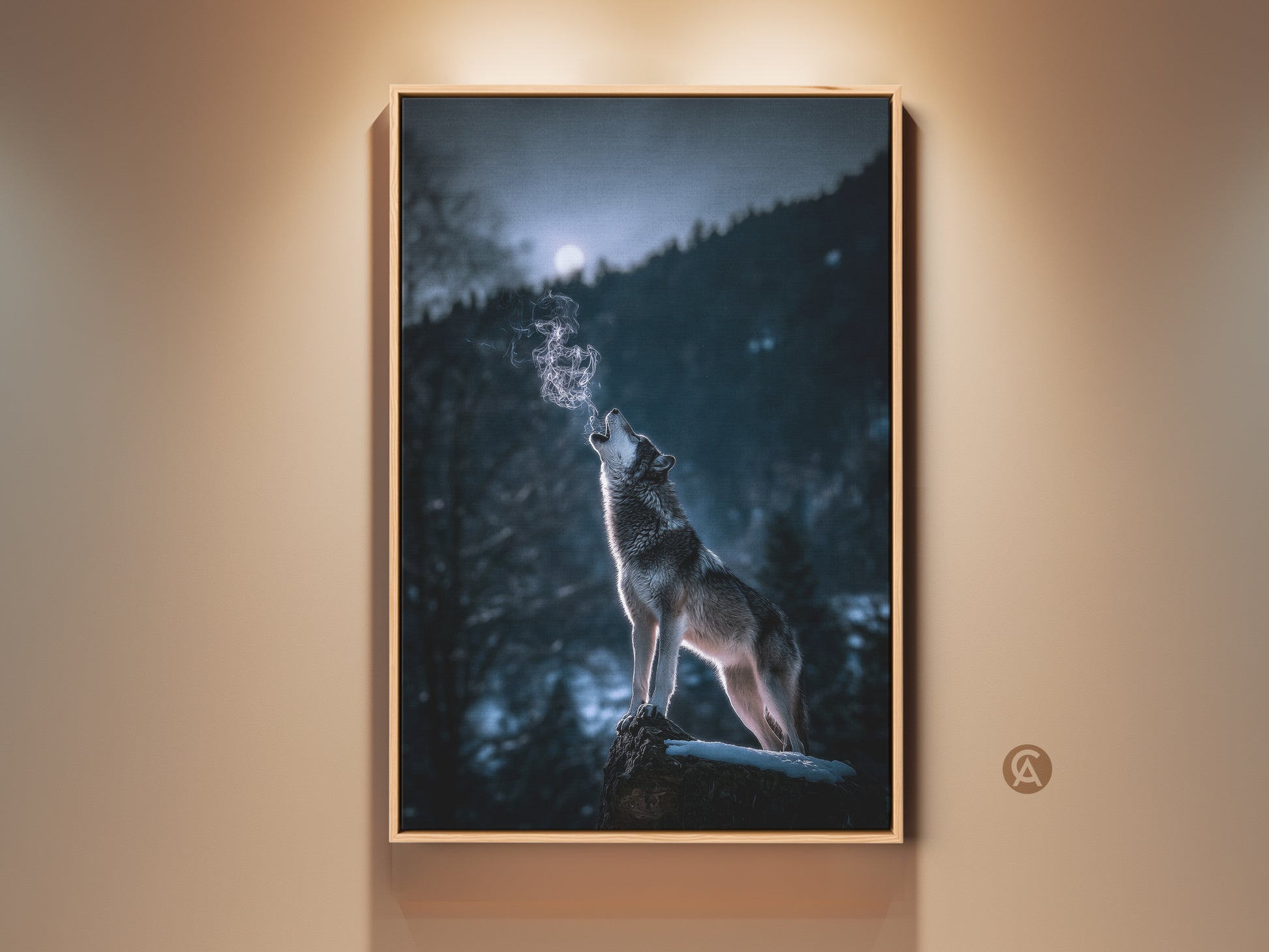 Rustic wolf howling canvas art displayed in a neutral living space. The blue gray forest wildlife print adds an atmospheric touch. It's an ideal nature gift for a bedroom with a winter moon theme. This wild wolf artwork enhances rustic home decor and brings the wilderness indoors.