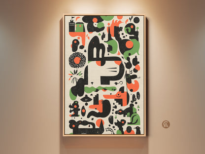 Framed Abstract Geometric Wall Art. This Mid-Century Modern Print features a Retro Animal Motif. Ideal Orange Green Black Office Decor. Enhance your space with this unique artwork. A perfect addition to modern and retro interiors.