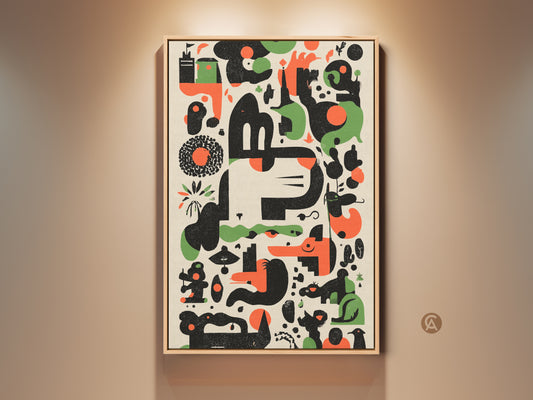Framed Abstract Geometric Wall Art. This Mid-Century Modern Print features a Retro Animal Motif. Ideal Orange Green Black Office Decor. Enhance your space with this unique artwork. A perfect addition to modern and retro interiors.