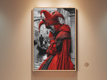 Framed art showcases a Venetian jester in red costume. The Venice artwork captures the essence of Italy. This wall art brings European elegance to any space. The jester artwork is ready to hang.
