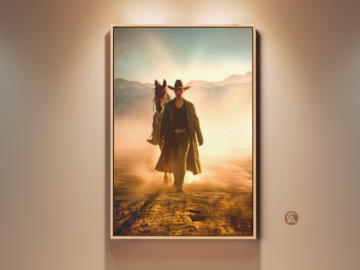 Western landscape canvas print featuring a cowboy and horse. This rustic home decor art is showcased in a room setting. The artwork features golden yellow and dusty orange tones with sky blue accents. Perfect wall art for adding adventure to a study room.