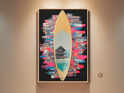 A vibrant surfboard collage art print displayed in a modern setting. The artwork blends Japanese architecture with abstract brushstrokes. Teal blue and pink accents create a dynamic visual. Perfect wall art for an eclectic entryway. Also a thoughtful surfer housewarming gift that enhances any distinctive home decor.