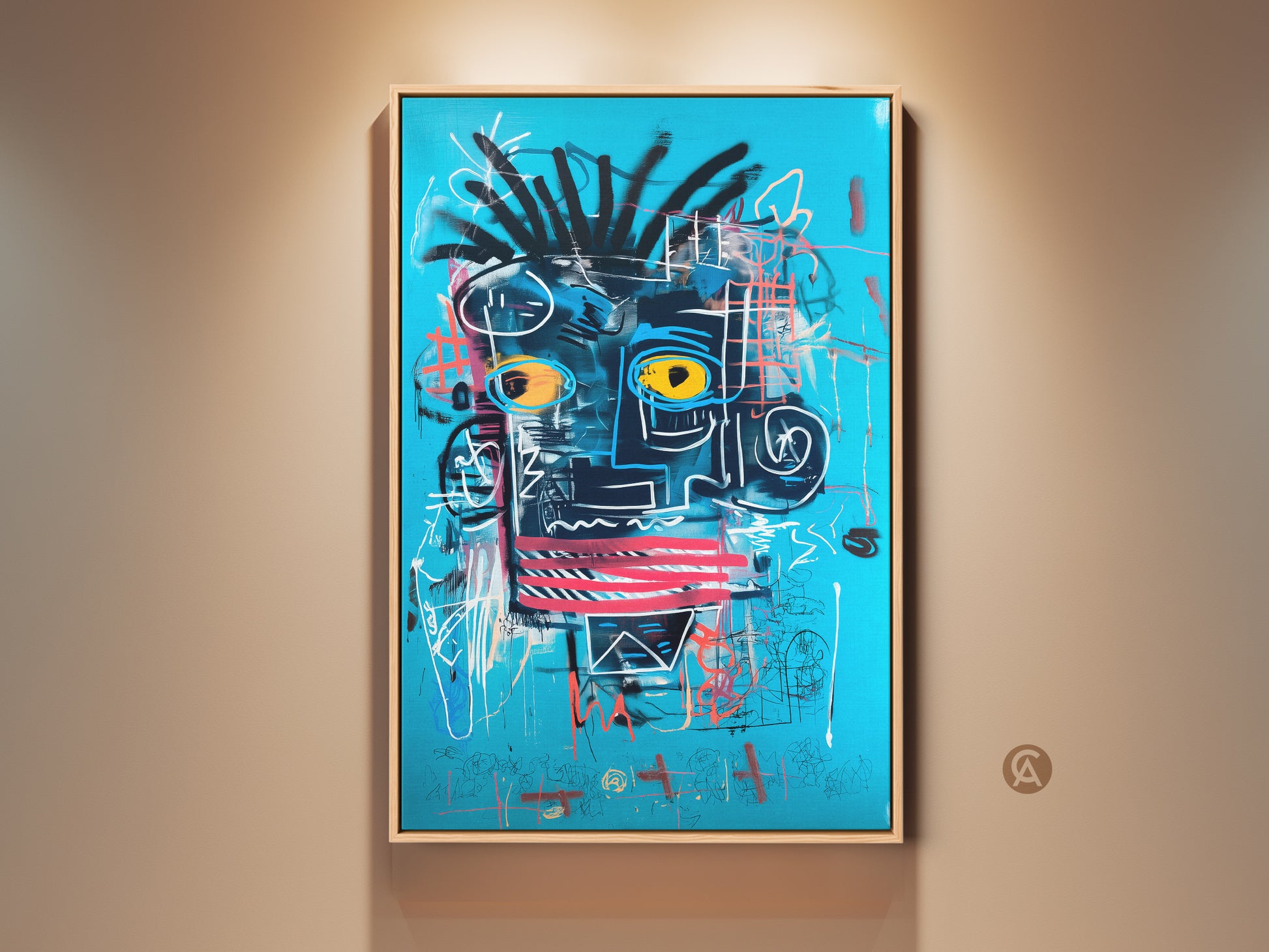 Elevate your space with this framed abstract artwork. The blue canvas features a captivating face with yellow eyes. This modern art piece adds a unique focal point to any room. It is ready to hang.