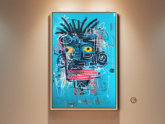 Elevate your space with this framed abstract artwork. The blue canvas features a captivating face with yellow eyes. This modern art piece adds a unique focal point to any room. It is ready to hang.