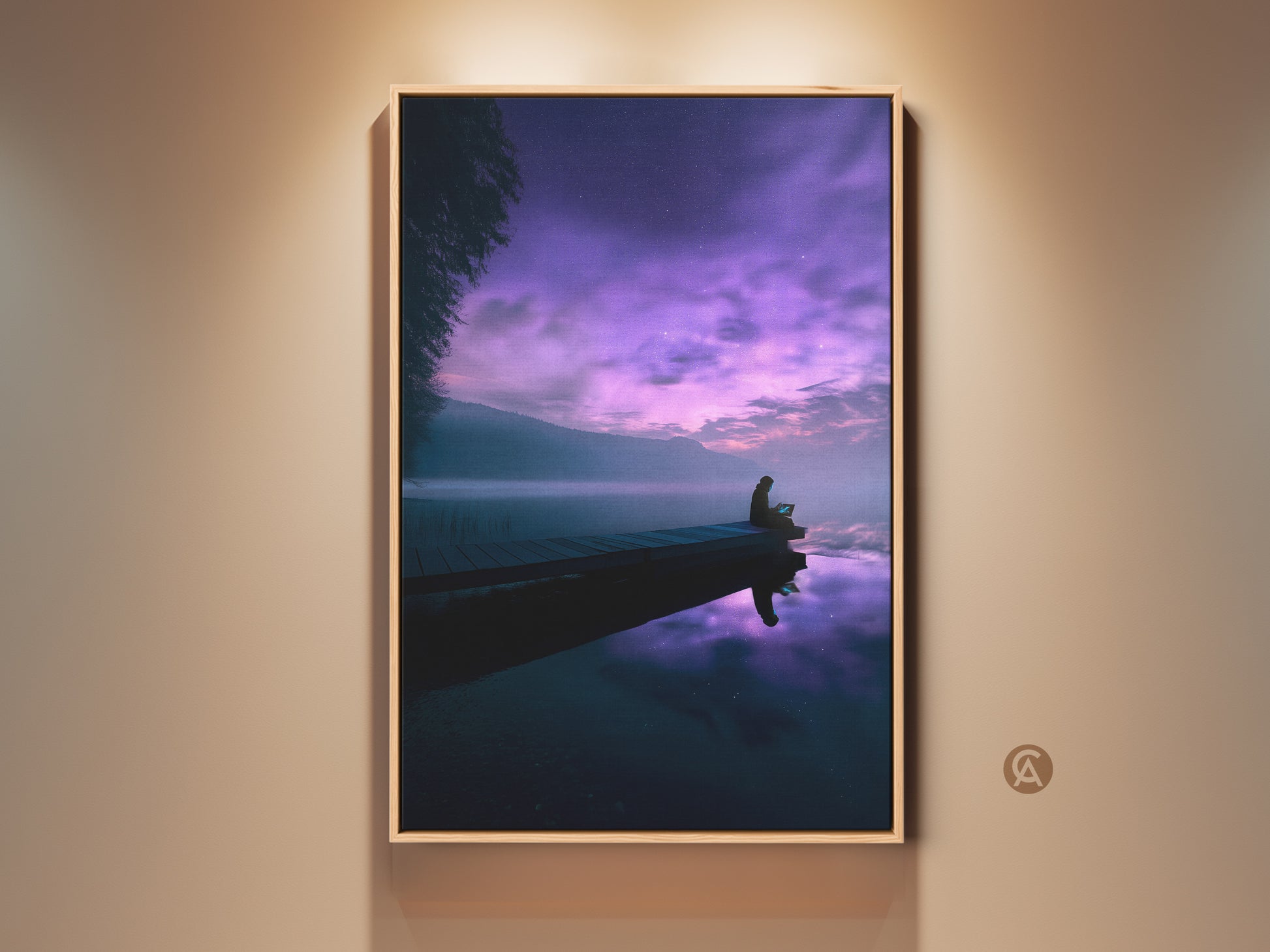 Dreamy lake canvas art featuring a person on a dock under a violet night sky. The deep blue lake and cosmic sky wall decor create a minimalist aesthetic. This surreal night view print is a unique travel gift or housewarming canvas art.