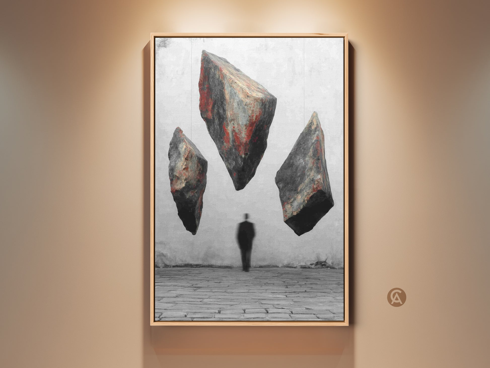View a framed conceptual art print featuring floating rocks and a silhouette man. The artwork is a red black gray abstract piece perfect for an office or study. This surreal man silhouette print adds an eclectic touch to your home decor. A unique housewarming gift for philosophical thinkers is available as a canvas print.