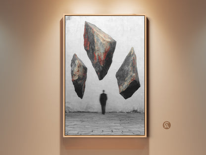 View a framed conceptual art print featuring floating rocks and a silhouette man. The artwork is a red black gray abstract piece perfect for an office or study. This surreal man silhouette print adds an eclectic touch to your home decor. A unique housewarming gift for philosophical thinkers is available as a canvas print.