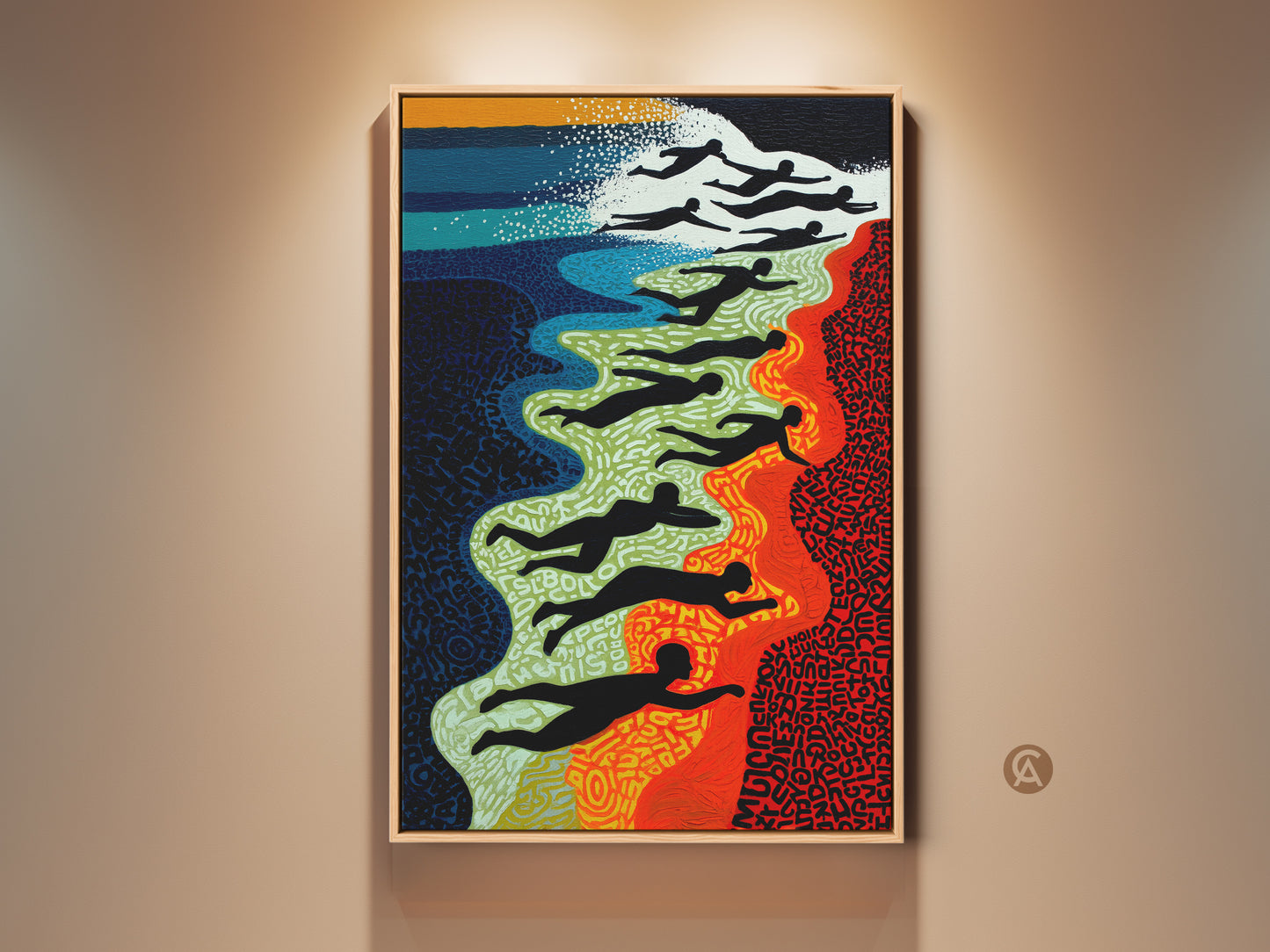 Framed view of Abstract Swimmers Wall Art. The swimmers are depicted in silhouette. The colors are red blue and green. Perfect coastal art for living room decor.