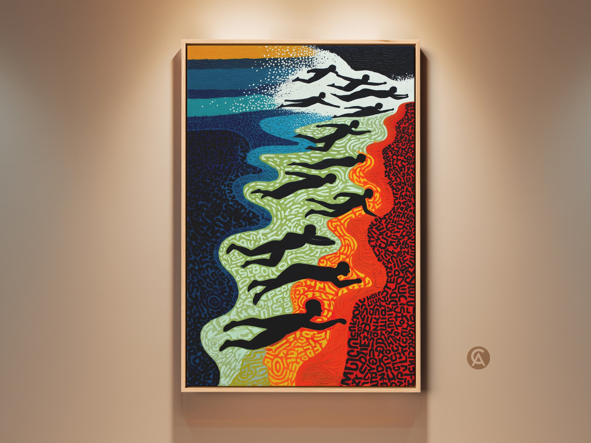 Framed view of Abstract Swimmers Wall Art. The swimmers are depicted in silhouette. The colors are red blue and green. Perfect coastal art for living room decor.