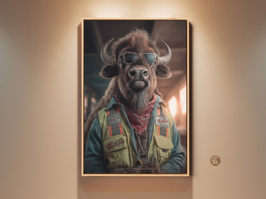A cool bison artwork print is displayed in a warm ambient setting. The Eclectic Bison Wall art features a buffalo wearing sunglasses and a stylish outfit. This tan teal wildlife print is a unique animal lover gift idea for rustic office decor.