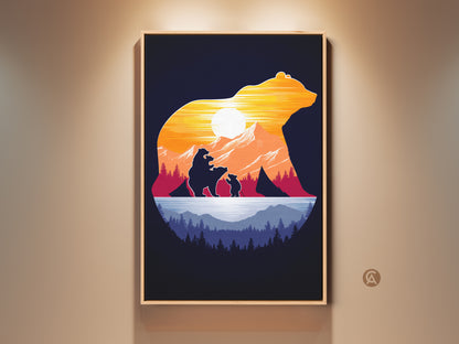Rustic bear family art print is displayed in a living space. The artwork features a silhouette against a mountain sunset. This outdoor lover gift brings nature's beauty indoors. The orange yellow and blue landscape adds warmth to any room. It's perfect for lodge style home decor.