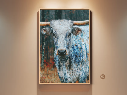 Close-up of a Texas Longhorn in a frame. The animal's white coat is speckled with blue. Its horns are long and tan. This artwork captures the essence of the American West. Perfect for rustic or modern interiors.
