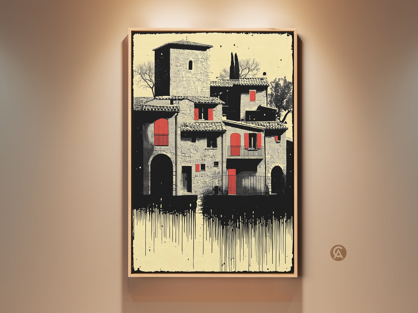 Framed Tuscan village artwork. It features Italian architecture with red accents in a cream black palette. This travel lover gift is perfect for eclectic decor. The art print brings vintage Tuscan charm to any room making it a unique travel souvenir.