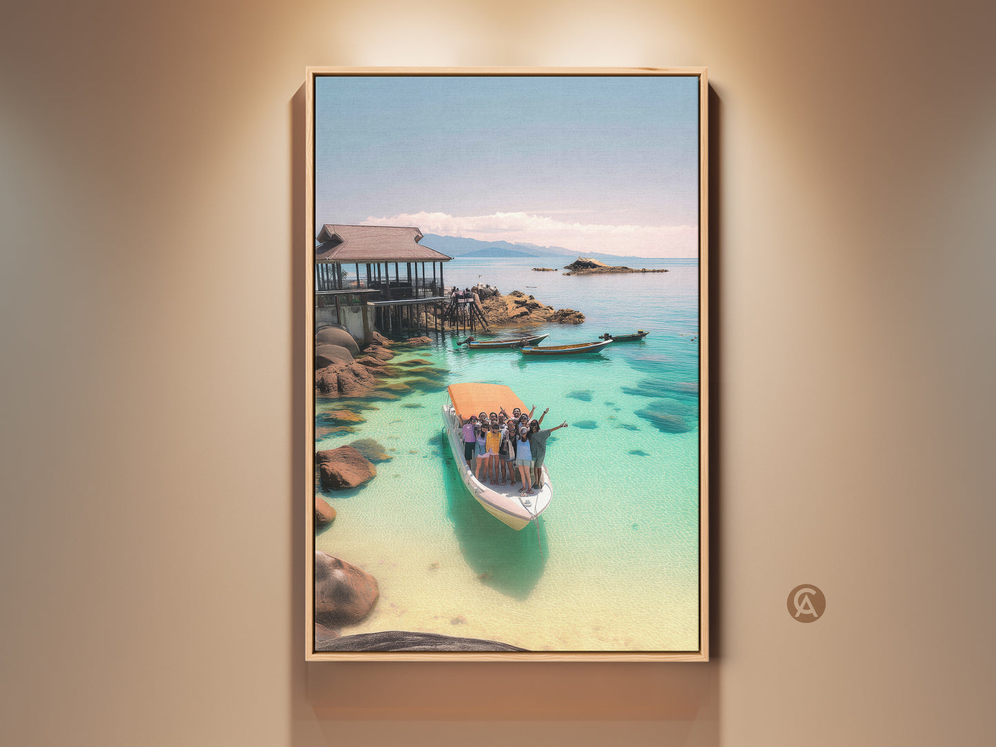 Turquoise Ocean Boat Art Print. This coastal beach canvas features a tropical vacation scene. It's perfect entry hall decor. The photography captures clear water and a boat trip. This Artwork would be a great gift.