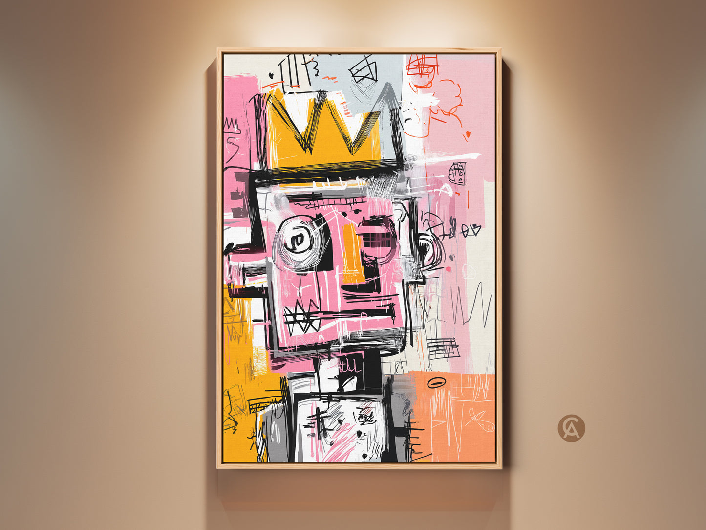 Framed abstract artwork with a golden crown. This contemporary piece features bold lines and vibrant colors. The artwork is a striking addition to any modern home decor collection.