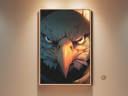 A framed canvas print displays a powerful Griffin. This mythological eagle artwork showcases a comic style creature. The teal and orange office decor adds an eclectic touch. Perfect for a study room or gamer room. It's a heroic animal art piece.