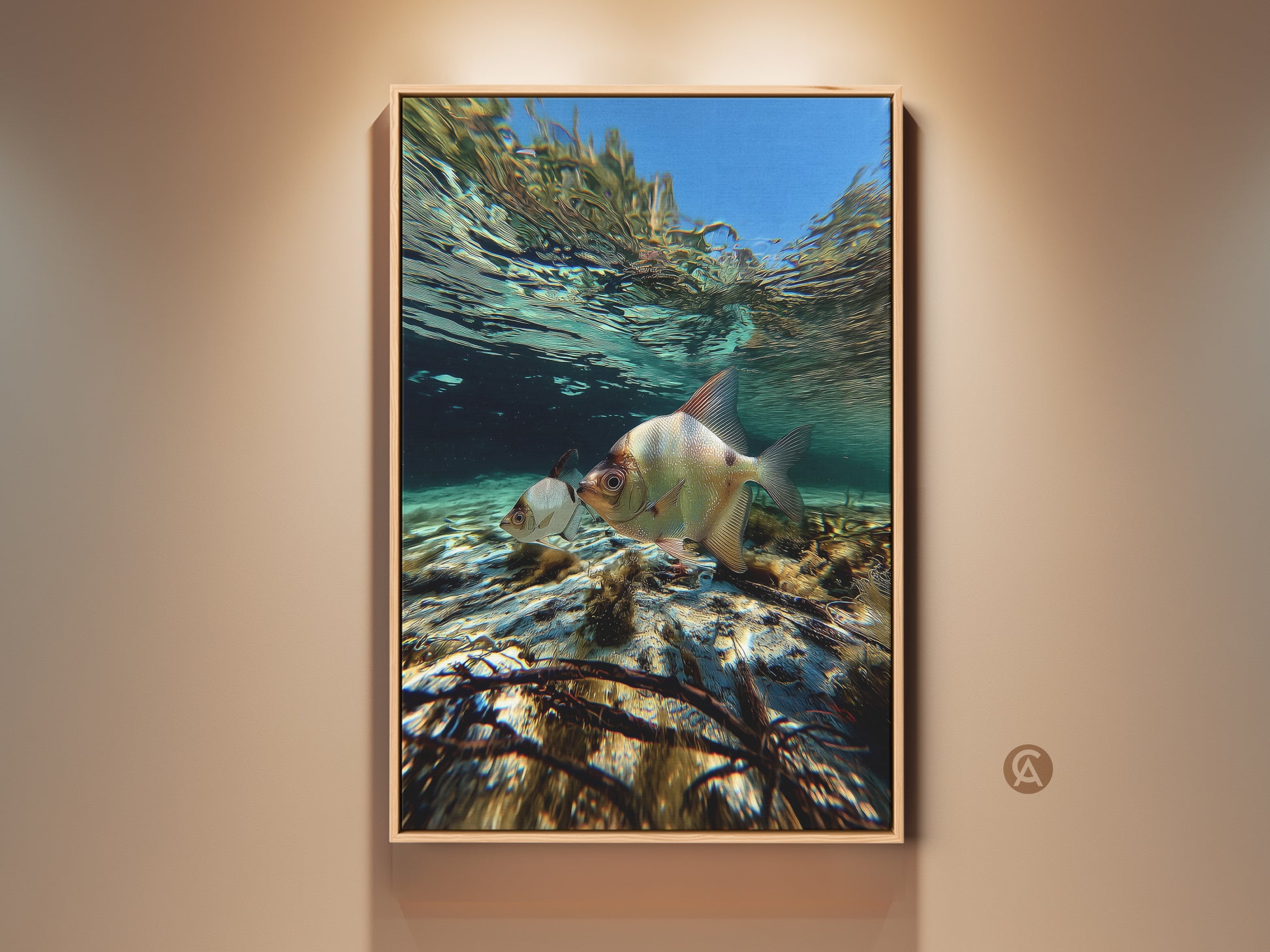 Underwater fish wall art in a residential setting. This coastal ocean canvas print features two fish swimming amid turquoise water and aquatic plants. A calming blue teal aquatic art for a bedroom. A perfect housewarming gift for fish lovers.