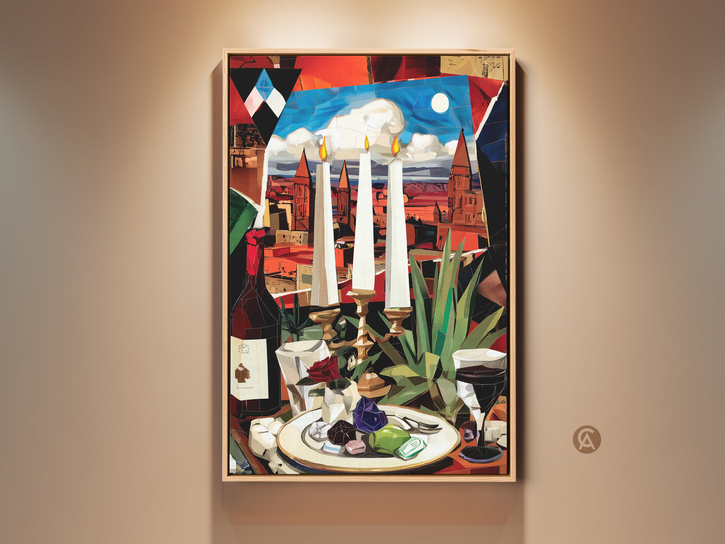 Discover cubist still life canvas art. This print features a wine bottle candles and a cityscape. The red orange and blue tones create an eclectic wall decor piece. It's a unique gift for art enthusiasts.