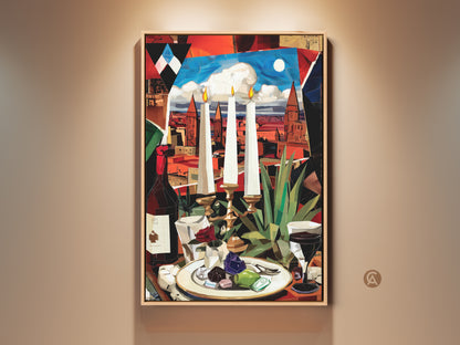 Discover cubist still life canvas art. This print features a wine bottle candles and a cityscape. The red orange and blue tones create an eclectic wall decor piece. It's a unique gift for art enthusiasts.