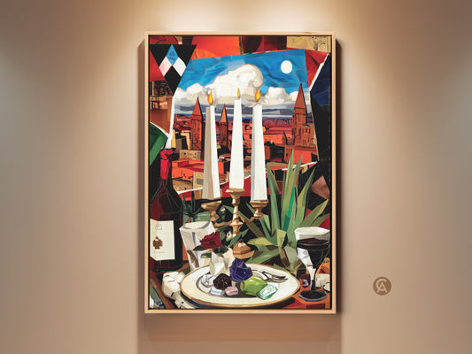 Discover cubist still life canvas art. This print features a wine bottle candles and a cityscape. The red orange and blue tones create an eclectic wall decor piece. It's a unique gift for art enthusiasts.