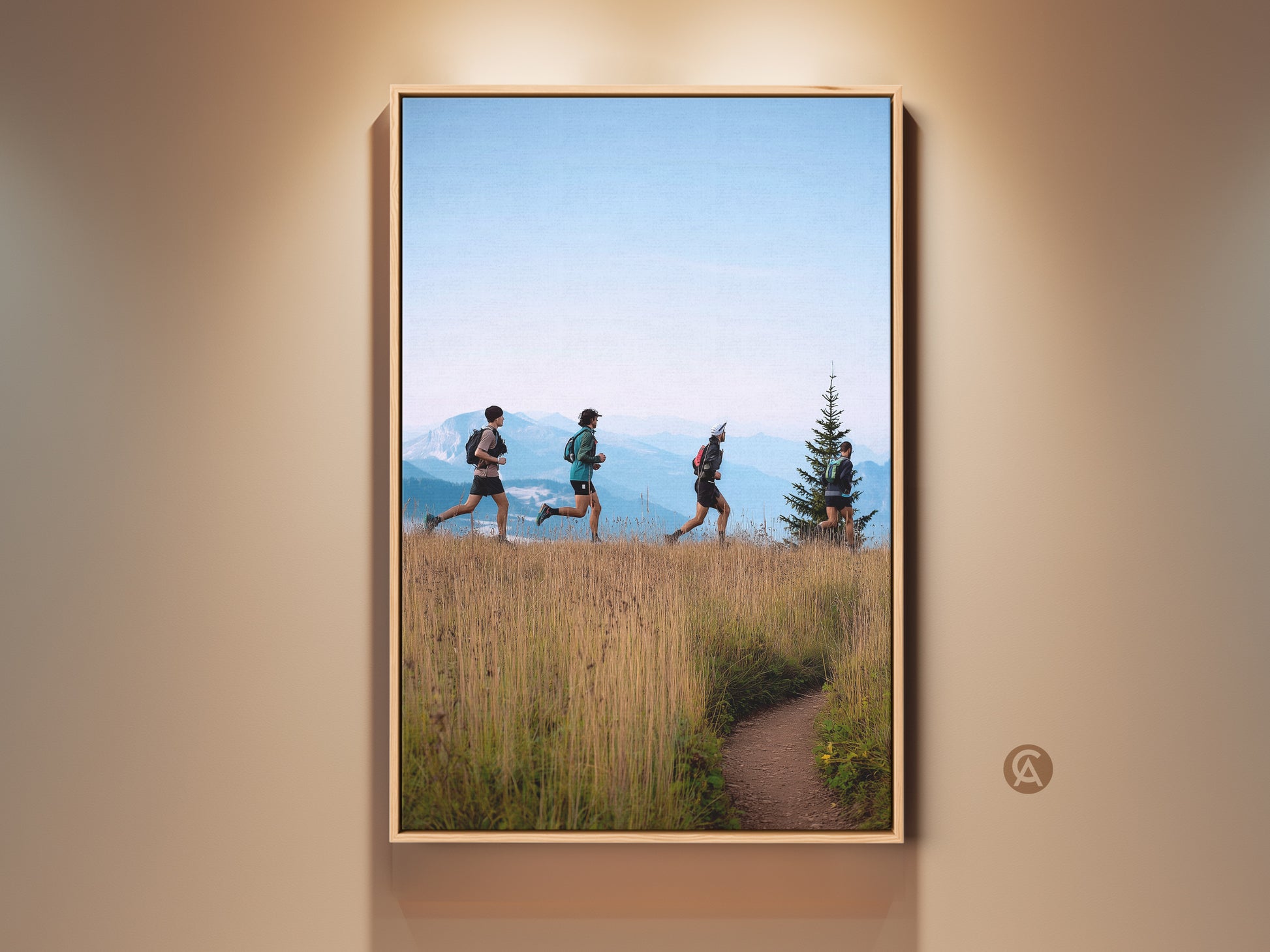 Modern mountain landscape canvas print featuring trail runners on a scenic path. Golden yellow and earthy brown tones bring outdoor adventure indoors. A perfect wall decor for hikers and nature lovers. The artwork captures the spirit of athletic pursuits in a residential setting. It's an inspiring piece of outdoor wall art.