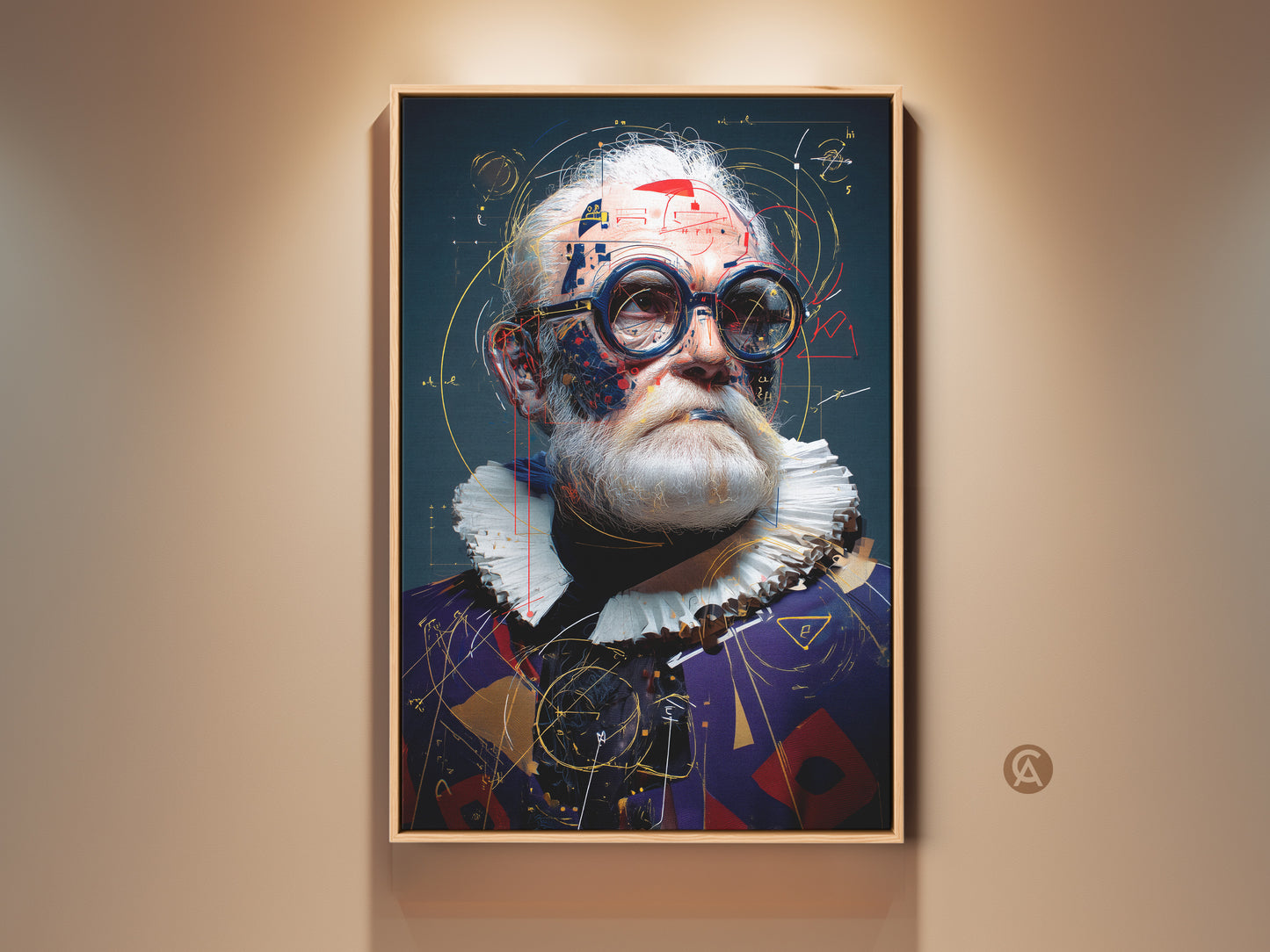 Steampunk Scientist portrait wall art graces a beige wall. This abstract expressionism canvas print combines blue red and gold tones. The artwork enhances office and study decor with its unique charm.