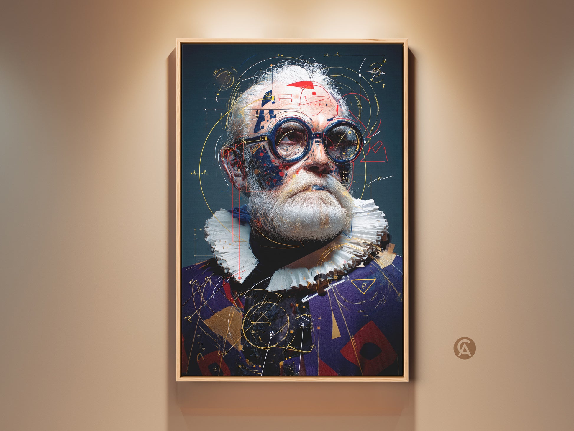 Steampunk Scientist portrait wall art graces a beige wall. This abstract expressionism canvas print combines blue red and gold tones. The artwork enhances office and study decor with its unique charm.