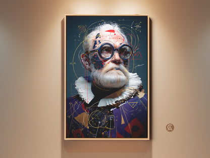 Steampunk Scientist portrait wall art graces a beige wall. This abstract expressionism canvas print combines blue red and gold tones. The artwork enhances office and study decor with its unique charm.