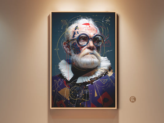 Steampunk Scientist portrait wall art graces a beige wall. This abstract expressionism canvas print combines blue red and gold tones. The artwork enhances office and study decor with its unique charm.