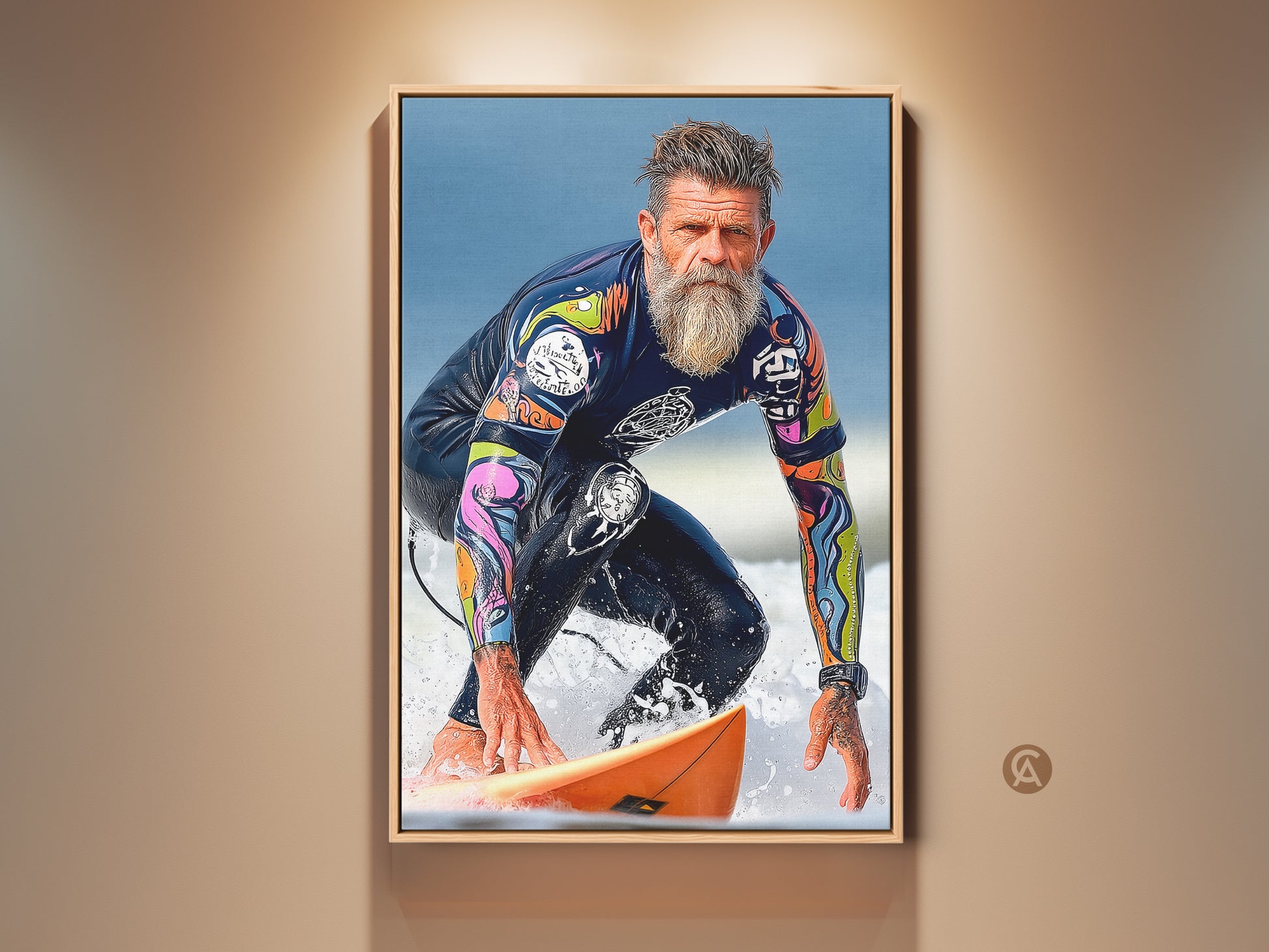 Vintage surfer wall artwork adds ocean action to your decor. The canvas art print features a surfer riding a wave. It is perfect gift for surfers. A modern realism style for your man cave.