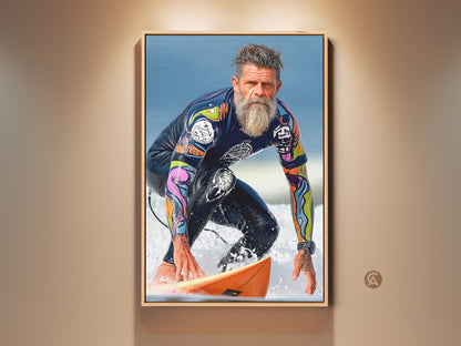 Vintage surfer wall artwork adds ocean action to your decor. The canvas art print features a surfer riding a wave. It is perfect gift for surfers. A modern realism style for your man cave.